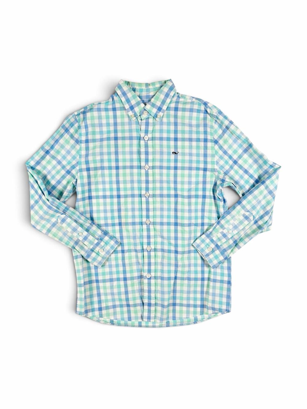 Vineyard Vines Boys Whale Shirt Gingham Button Down Blue Green Medium 12-14